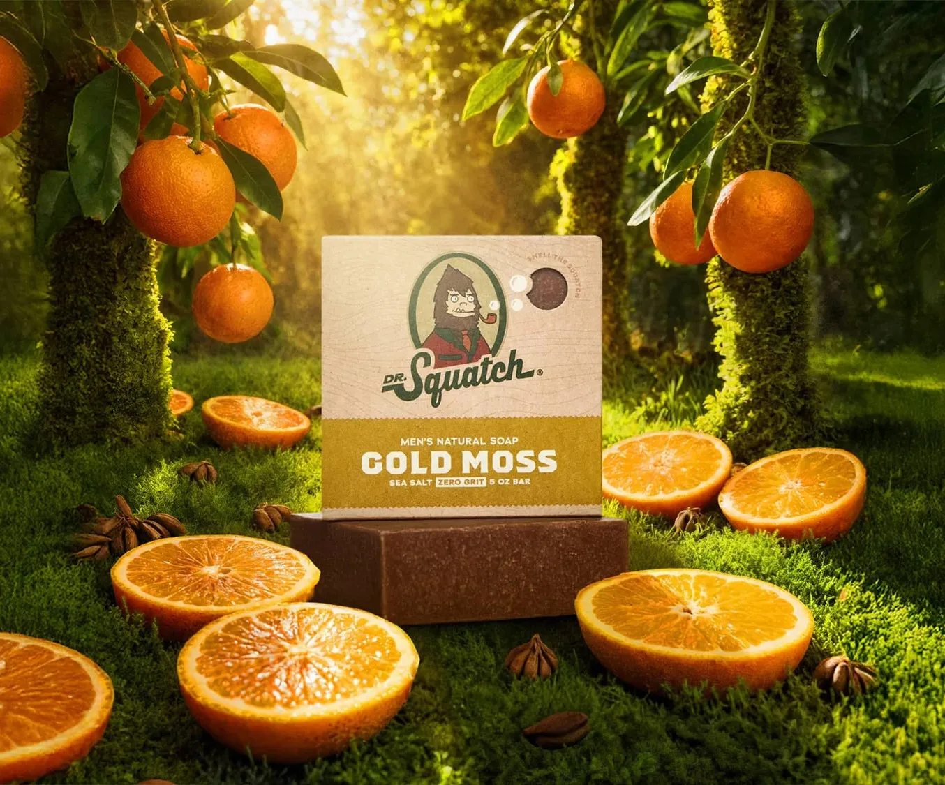 A Dr. Squatch Gold Moss soap bar standing in a mossy grove among halved oranges