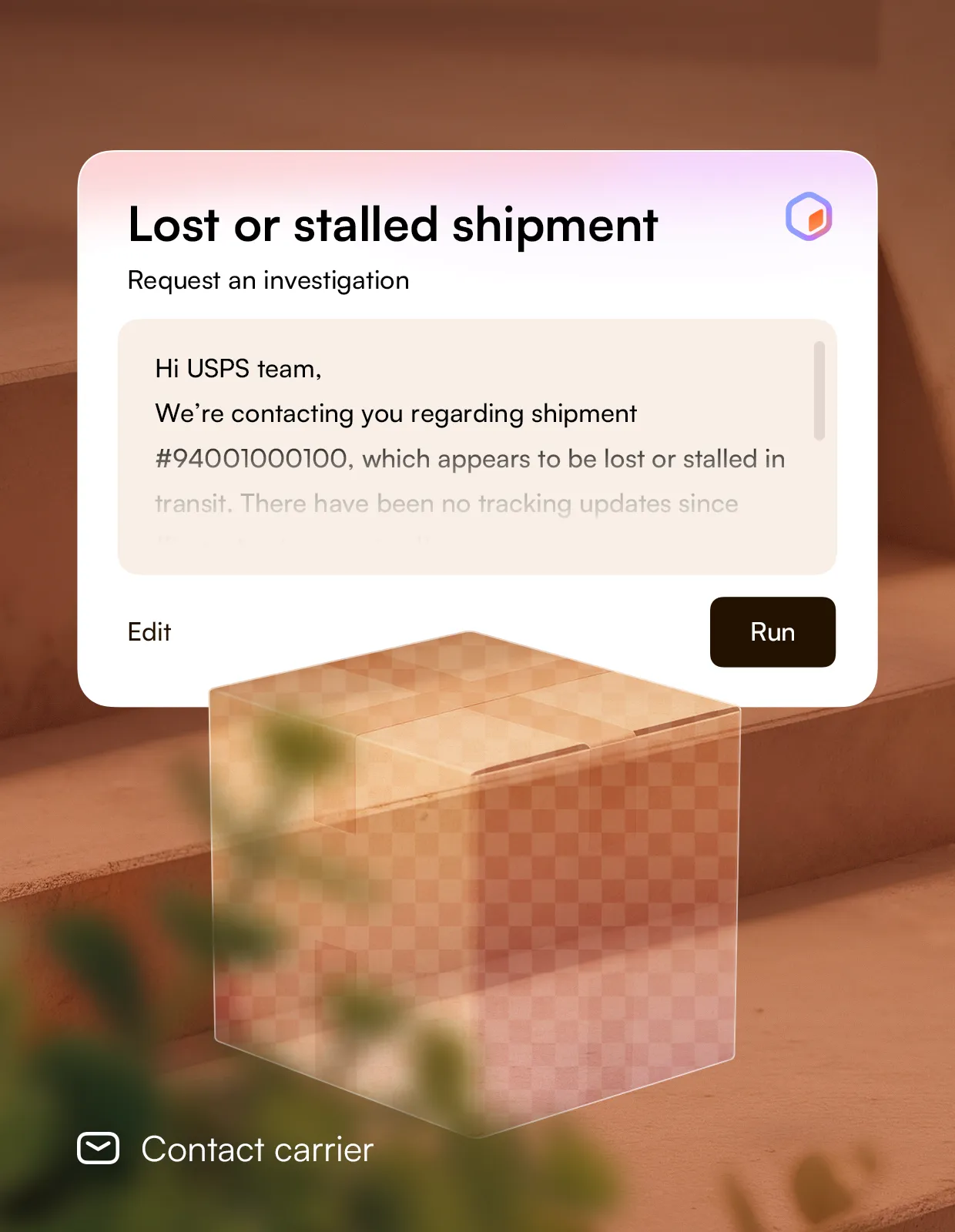 A Lost shipment alert over a fading parcel, with an agent-drafted notice to the team and a Send internal alert action