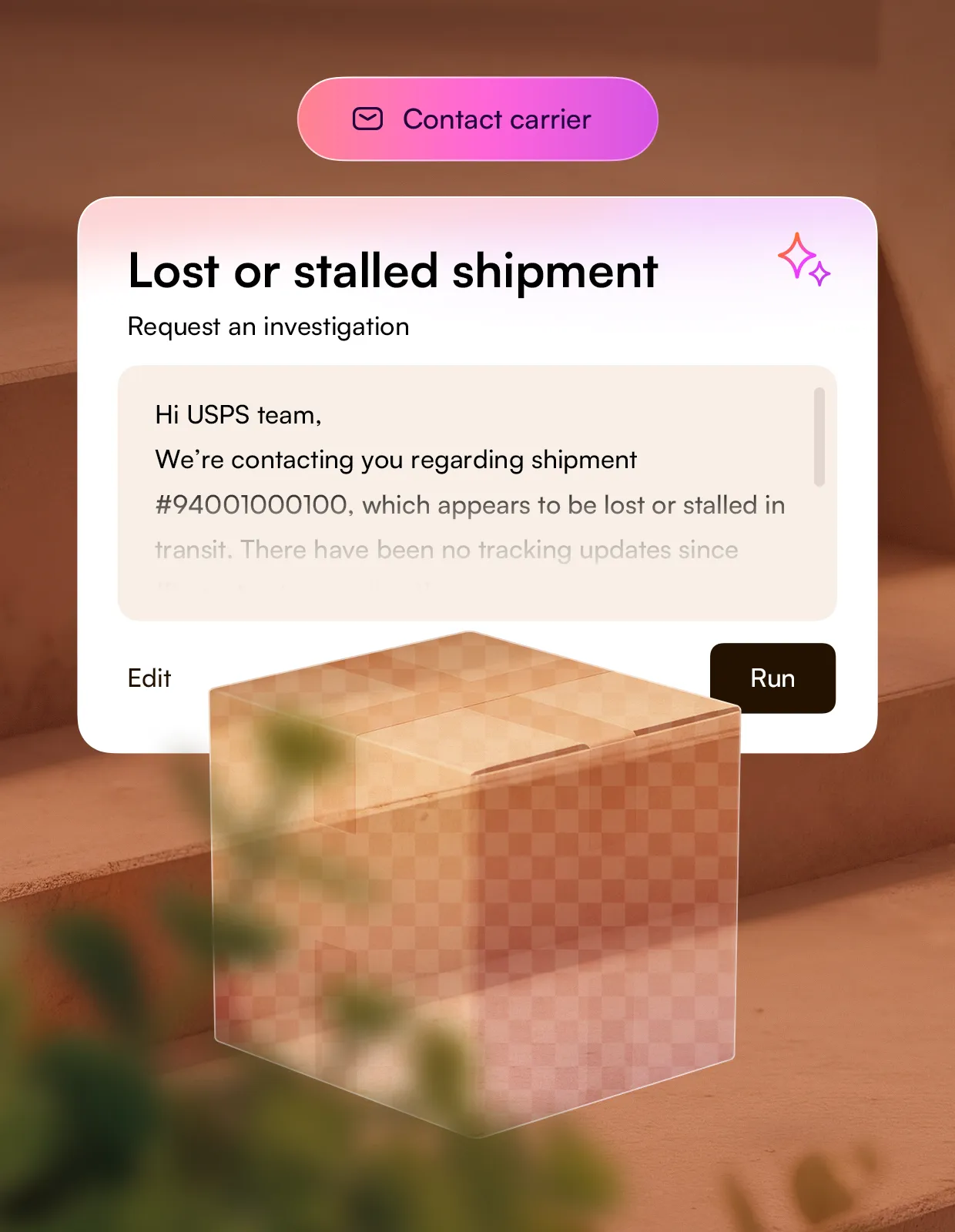 A Lost shipment alert over a fading parcel, with an agent-drafted notice to the team and a Send internal alert action